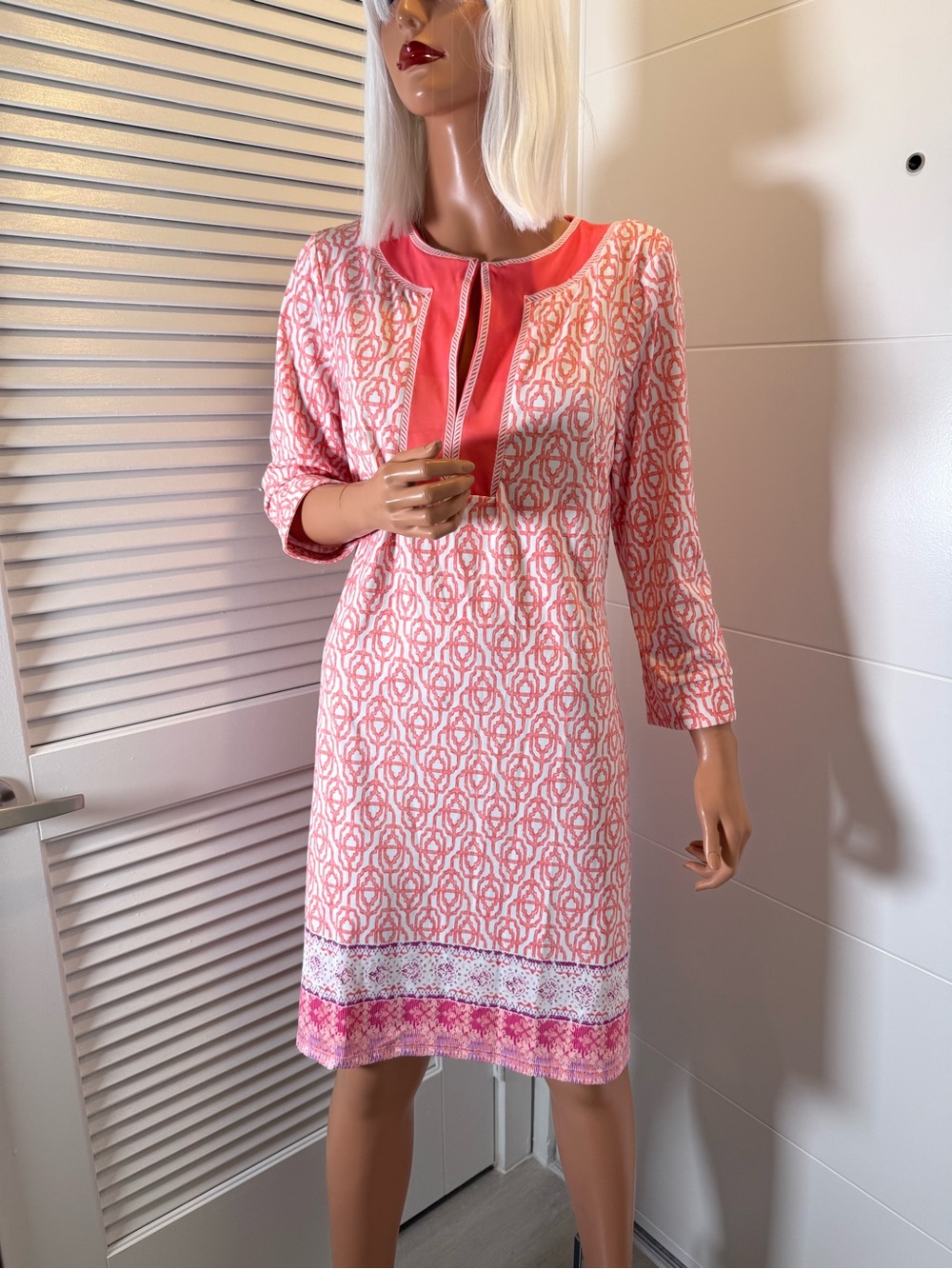 Cabana Life Pink Patterned Midi Shift Dress with Coral Yoke